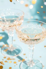 Obraz premium elegant vintage cut crystal champagne glasses filled with sparkling champagne casting intricate shadows on a pastel blue surface