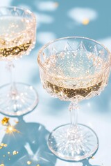 Obraz premium elegant vintage cut crystal champagne glasses filled with sparkling champagne casting intricate shadows on a pastel blue surface