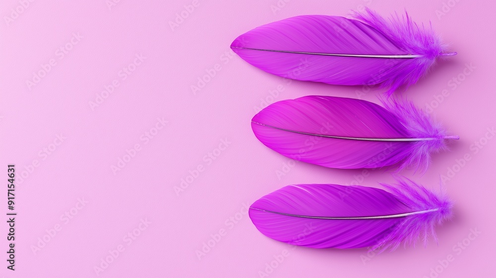 Poster three purple feathers are arranged on a pink background. the feathers are arranged in a way that the