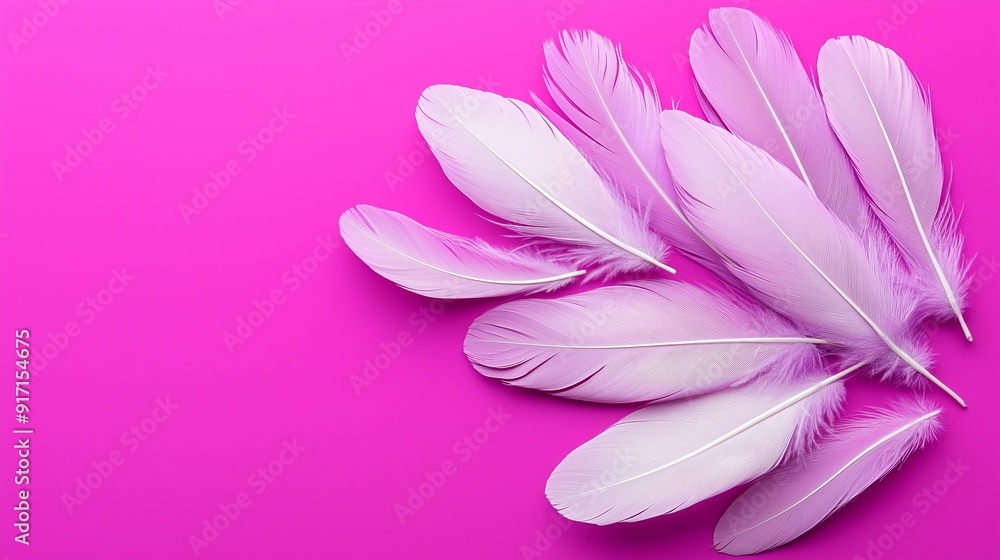 Poster a pink background with white feathers scattered across it. the feathers are arranged in a way that t