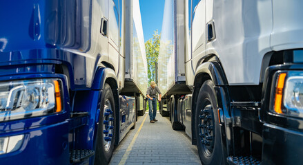 Two Large Semi-Trucks Parked Closely Together in a Transportation Yard During Daylight Hours