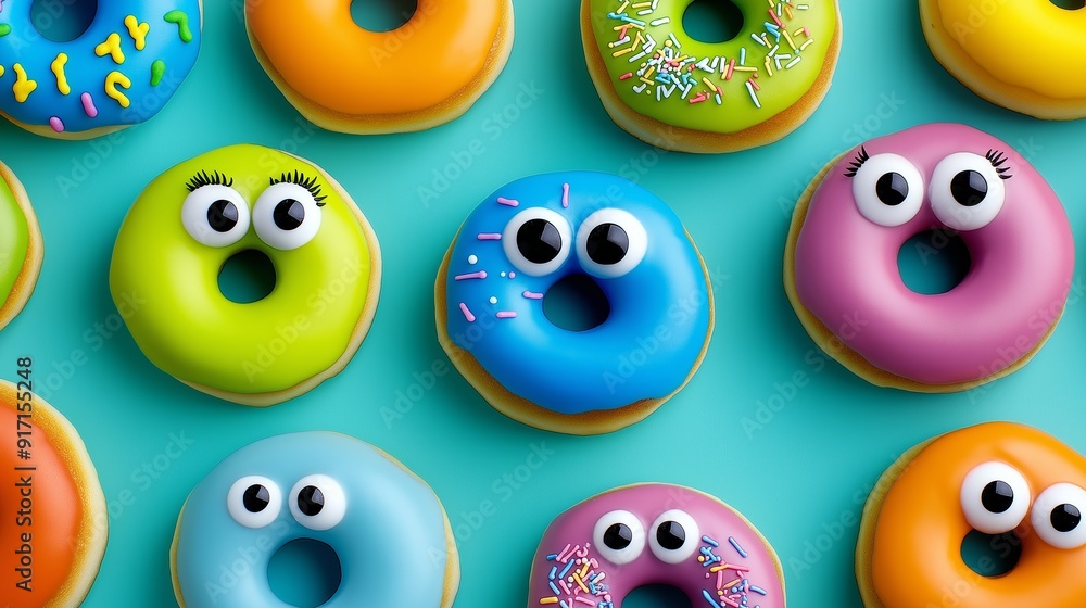 Poster a row of colorful donuts with eyes drawn on them. the donuts are arranged in a pattern, with some in