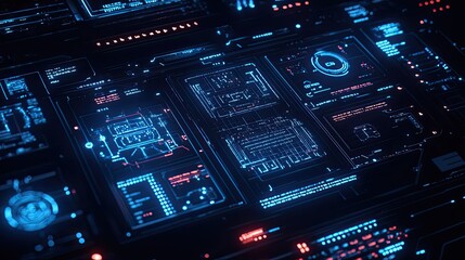 Obraz premium Overhead shot of a modern digital interface with abstract tech patterns and connections