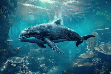 Digital Whale Swimming Through Underwater Coral Reef