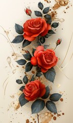 A stylish wedding card background with an elegant floral border of roses and leaves, gold lines, and a marble abstract design, designed with ample blank space