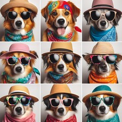 Fototapeta premium A funny collage of cute dogs and animals, featuring a mix of puppies, chihuahuas, and dachshunds, all sitting together against a white background