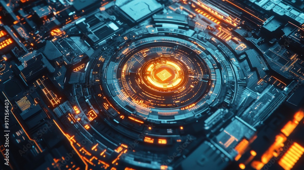 Poster overhead view of a futuristic communication background with glowing tech elements