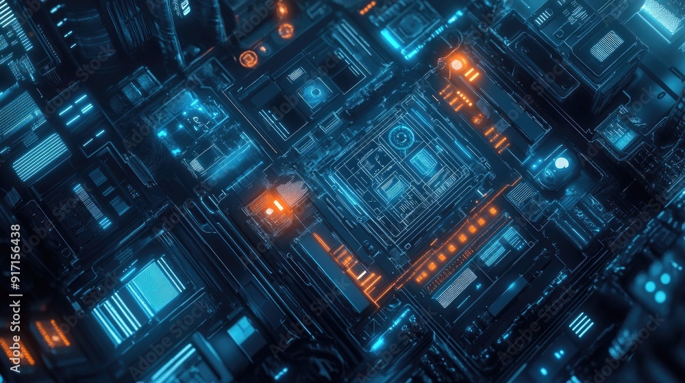 Poster overhead view of a futuristic communication background with glowing tech elements