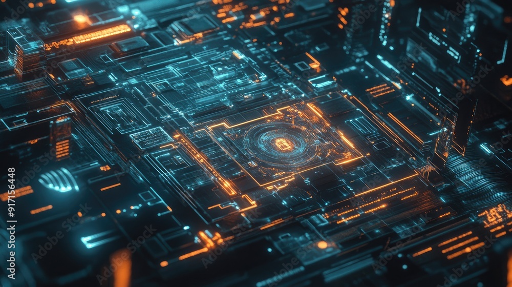 Poster overhead view of a futuristic communication background with glowing tech elements