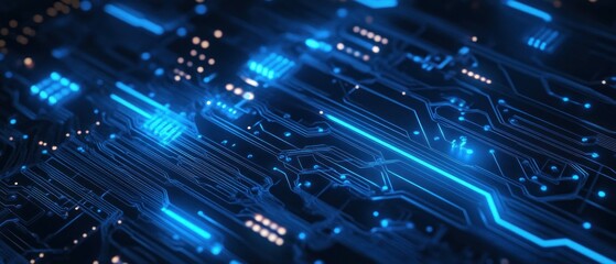 Obraz premium Illuminated Circuit Board with Blue Lines and Glowing Points