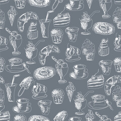 Seamless pattern with drinks an desserts art print for textile, paper, wallpaper decor design food kitchen cafe restaurants	