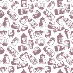 Seamless print pattern with jars and bottles with different food kitchen wallpaper background for textile, paper	
