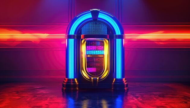 Retro neon jukebox in a vibrant, glowing room with red and blue light accents creating a nostalgic vintage vibe.