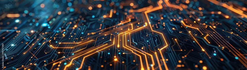 Poster abstract close-up of electronic circuit board with glowing orange and blue lines, representing digit