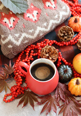Autumn still life with red mug and warm brown knitted sweater. Cloe up photo of colorful autumn composition. 
