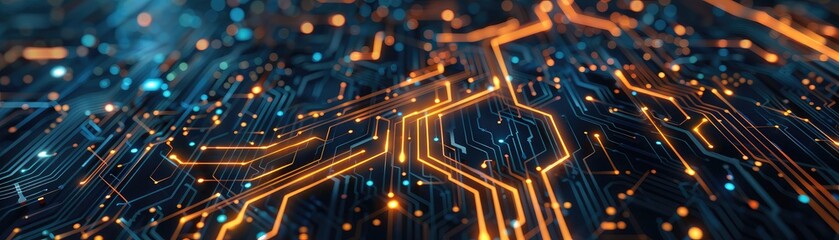 Abstract close-up of electronic circuit board with glowing orange and blue lines, representing digital technology and data flow.