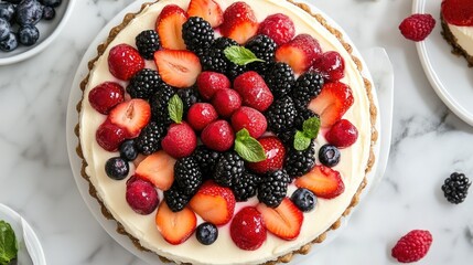 Top view of a creamy and decadent cheesecake topped with fresh fruit
