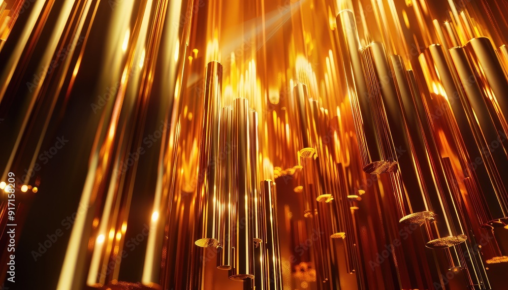 Poster abstract golden tubes falling vertically with glowing light reflections creating a warm, luxurious a