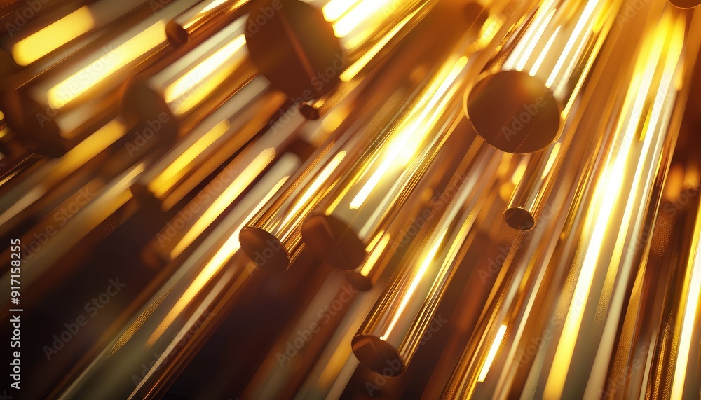 Poster abstract image featuring a dynamic array of golden metallic rods, conveying movement, light, and mod