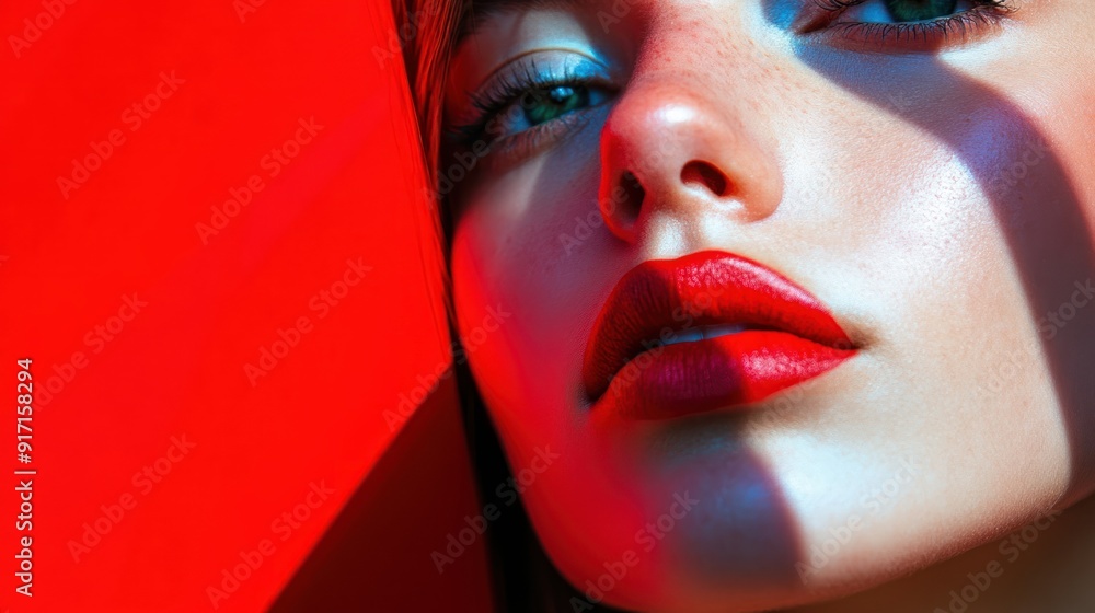 Sticker Close-up of a woman's eye, nose, and lips with red lipstick.