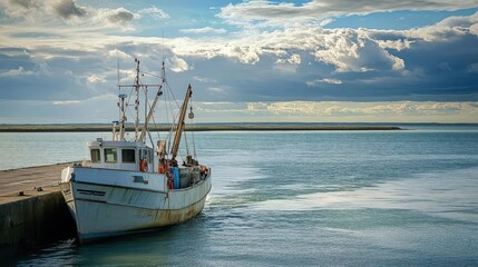Naklejka premium A fishing boat prepares to leave the dock, its sails ready to catch the wind as it heads out to sea
