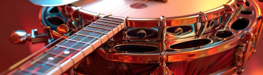 Close-up of a banjo resting on a drum with warm lighting, showcasing the intricate details of the musical instruments.