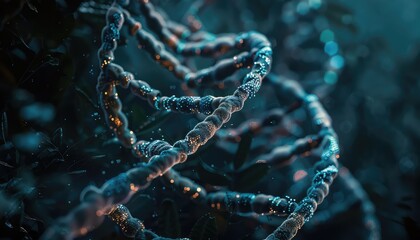 Close-up of a DNA double helix with a futuristic background, highlighting the complexity and beauty of genetic material.
