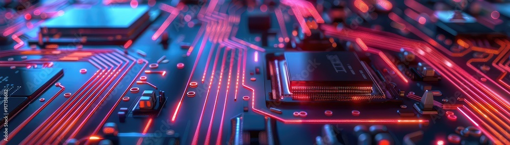 Poster close-up of a vibrant electronic circuit board with glowing elements, showcasing the complexity and 