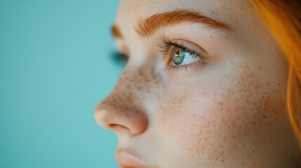 Fototapeta premium Close-up of a woman's eye with freckles looking to the side against a light blue background.
