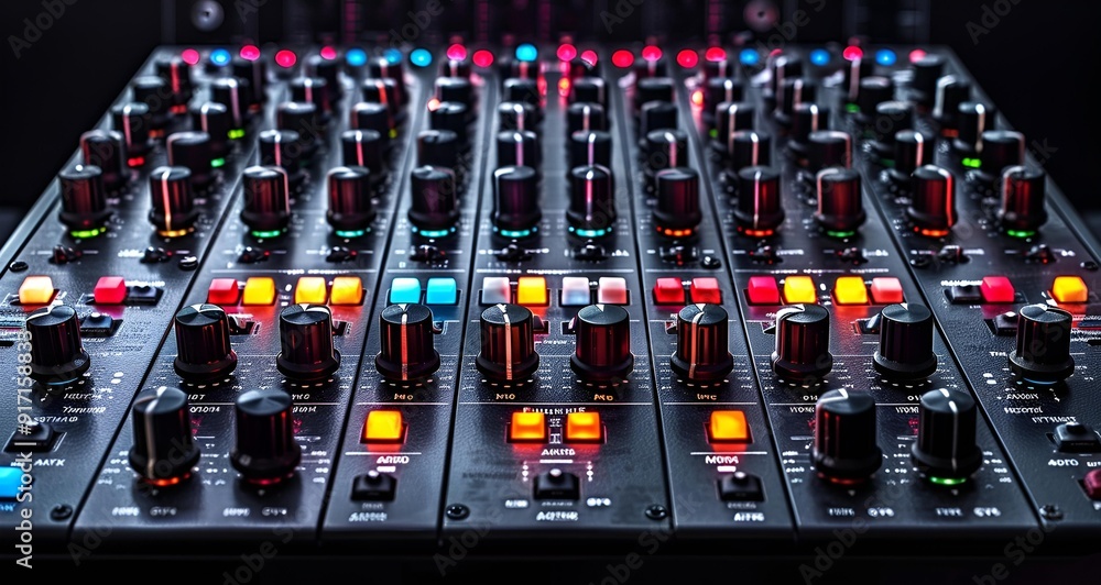 Aufkleber a close-up view of a mixer equipped with multiple knobs and buttons.