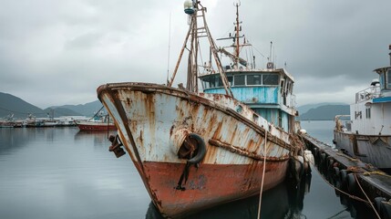 A fishing vessel docks at the harbor, its sturdy build and wellworn appearance a sign of countless journeys
