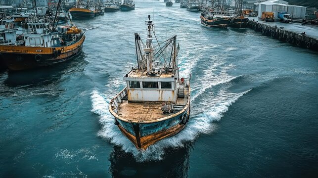 A fishing boat maneuvers through the busy harbor, skillfully navigating between other vessels as it returns from the sea