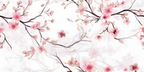 Fototapeta premium Seamless Elegant Watercolor Pink Floral Wallpaper Design with Leaves and Branches on Pink Background. Seamless Tile Flower Wall Sticker, Wallpaper, Textile, Fabric, Packaging
