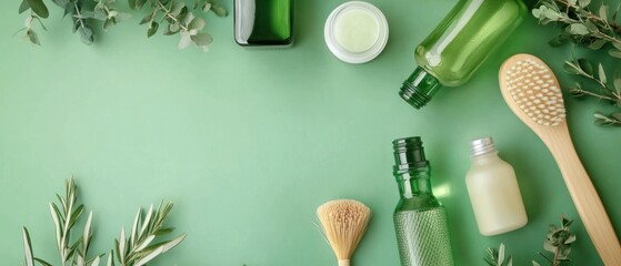 Green Bottles, Brushes, and Eucalyptus Leaves on Green Background