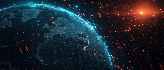 Obraz premium A Futuristic Digital Earth with Red Streaks and Glowing Lights