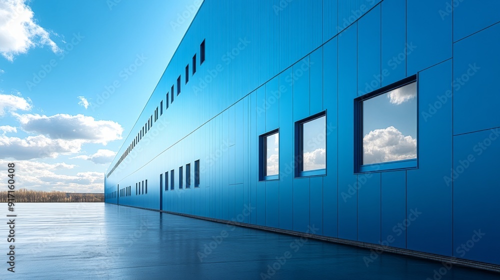 Poster A large blue building with windows and a person standing in front of it