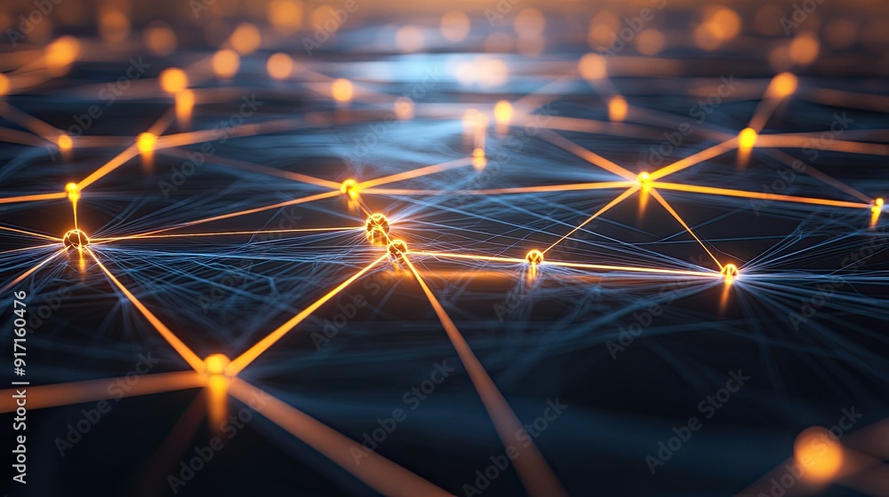 Poster top view of abstract digital network with glowing nodes and connecting lines