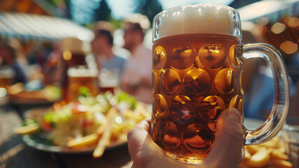 Hand holding a beer stein at an Oktoberfest celebration