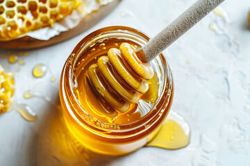 Honey dipper resting in jar of fresh honey
