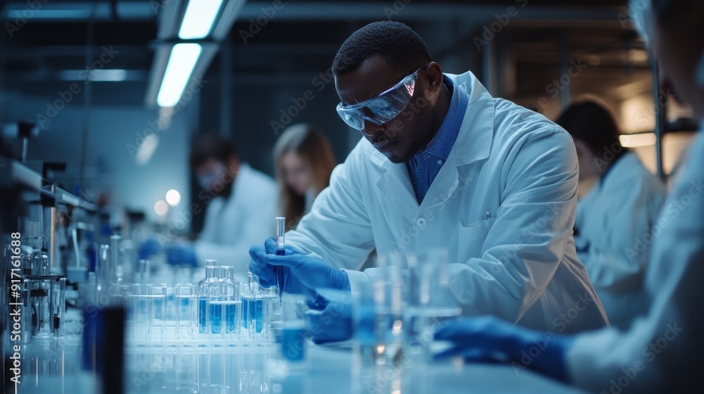 Poster a man in a lab coat is working with a group of people
