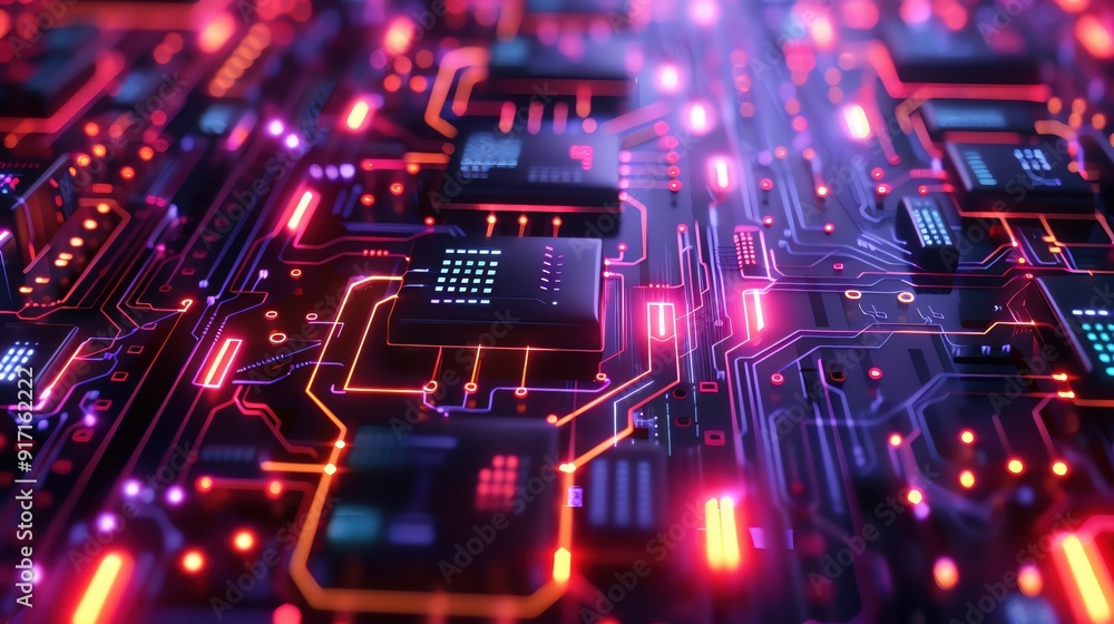Aufkleber close-up view of a vibrant circuit board with glowing lights, showcasing intricate electronic patter