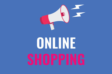 online shopping button, banner, label, template for website. online shopping text with colorful megaphone icon
