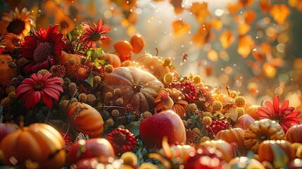 Fototapeta premium Vibrant Autumn Harvest Display with Pumpkins, Apples, and Colorful Flowers - Seasonal Fall Abundance in Warm Sunlight and Festive Atmosphere