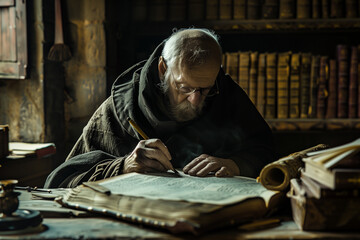A medieval monk is deeply engrossed in transcribing a manuscript by hand in a dimly lit scriptorium, surrounded by ancient books and scrolls, reflecting the dedication to preserving knowledge