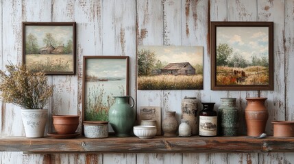 farmhouse art display, farmhouse artprints on a rustic shelf, each telling a unique story of rural life and tradition creating a charming display