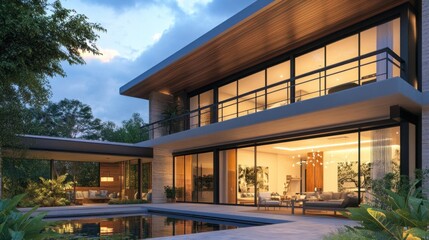 Fototapeta premium A modern house with a swimming pool and a lush garden.