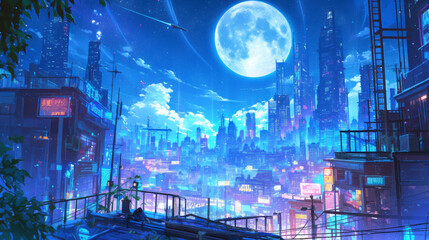 Obraz premium Anime illustration of Futuristic cityscape at night with a large full moon, skyscrapers, neon lights, and a spaceship flying through the starry sky