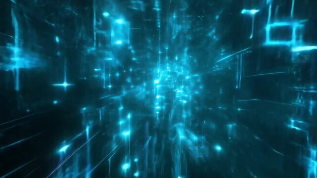 Abstract blue digital background with glowing particles and lines creating a futuristic tunnel effect.