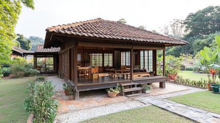 Obraz premium Traditional wooden house with tiled roof and surrounded by a lush garden.