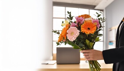 A person in an office business suit holding a bouquet of flowers giving them to a co-worker, boss or employee for a birthday or appreciation.